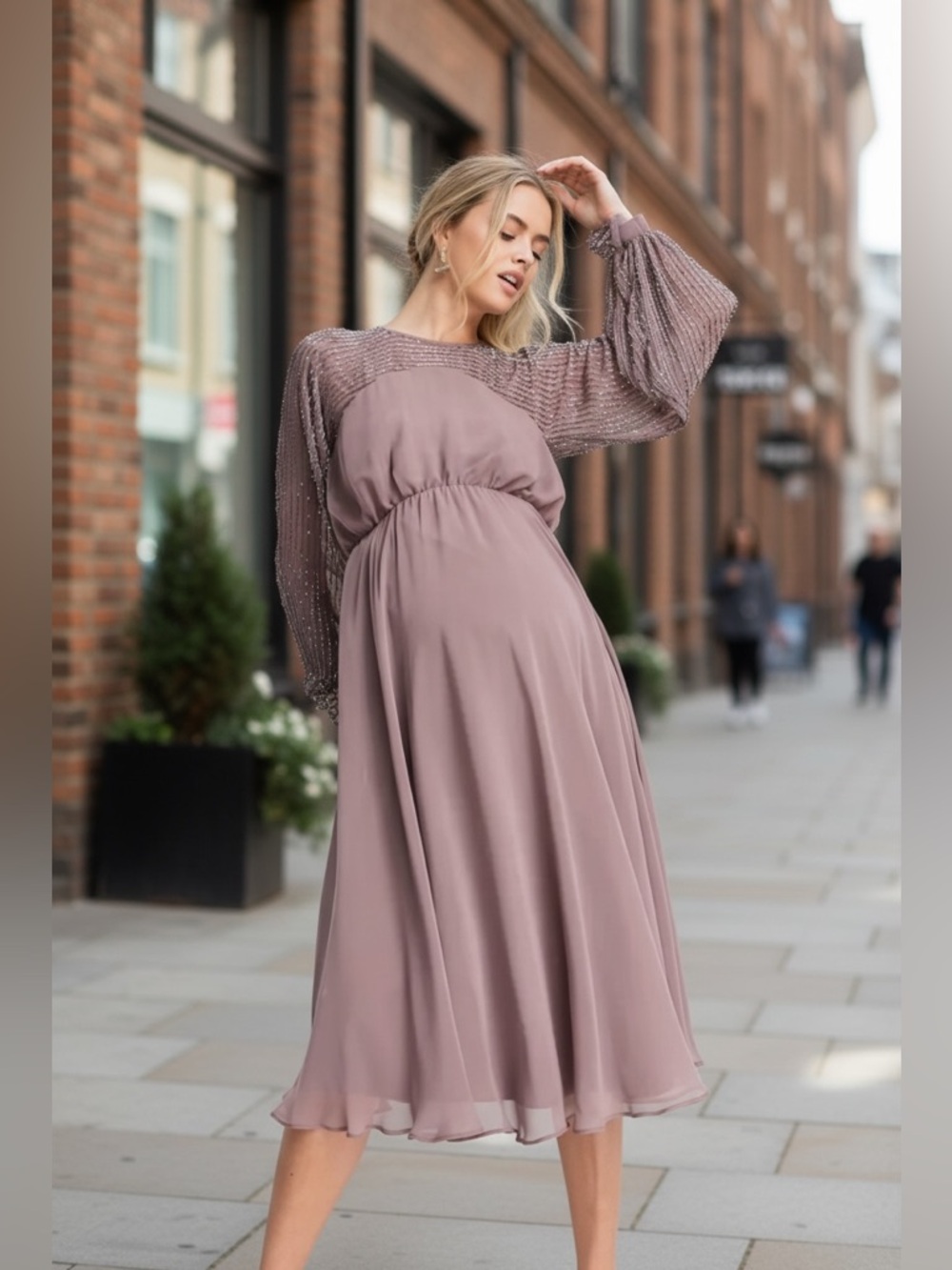 NEW ASOS DESIGN midi dress with linear yoke embellishment in mauve US 4